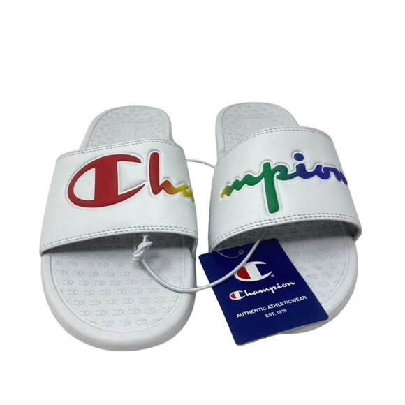 CHAMPION Super Slide Split Script White Rainbow Womens Slide Sandals 10 or 11 - Picture 2 of 10
